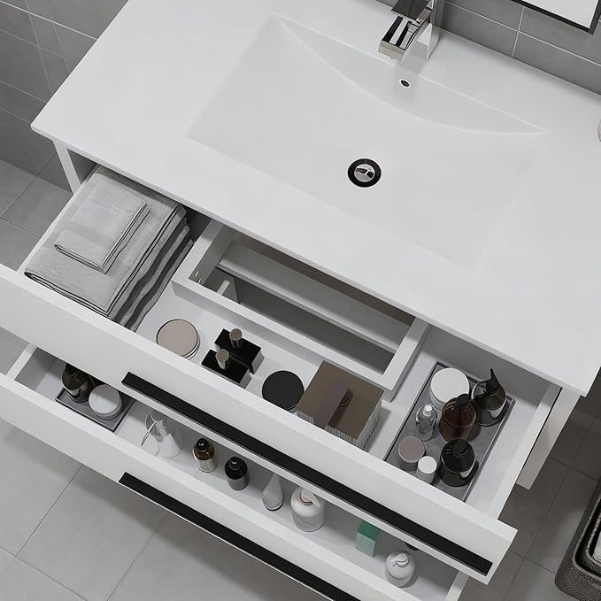 36 inch Floating Bathroom Vanity with Sink, Space Saving Fluted Design for Small Bathrooms, Soft Closing Drawers & Black Handles White