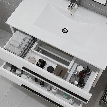 36 inch Floating Bathroom Vanity with Sink, Space Saving Fluted Design for Small Bathrooms, Soft Closing Drawers & Black Handles White