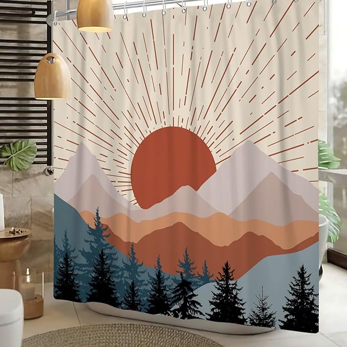 Abstract Mid Century Shower Curtain Boho Sunset Geometric Mountain Forest Aesthetic Shower Curtain Bohemian Minimalist Bathroom Decor Curtains Waterproof Fabric with Hooks 48x72 inch