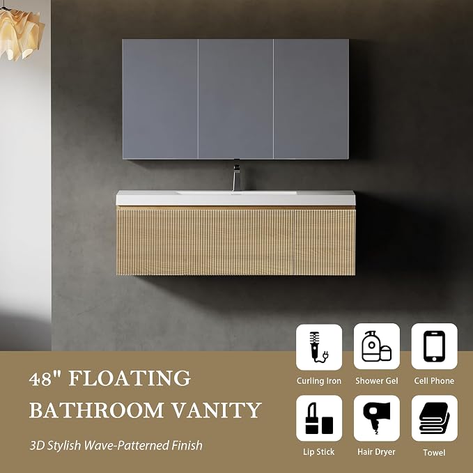 48" Floating Bathroom Vanity with Sink, Wall-Mounted Modern Oak Storage Cabinet, Wave-Textured Soft-Close Drawer & Glossy White Solid Surface Basin, Natural Oak