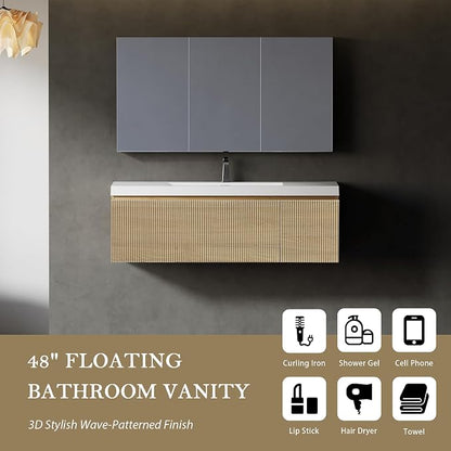 48" Floating Bathroom Vanity with Sink, Wall-Mounted Modern Oak Storage Cabinet, Wave-Textured Soft-Close Drawer & Glossy White Solid Surface Basin, Natural Oak