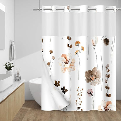 No Hook Floral Shower Curtain with Liner, Brown, 71x74 | Snap in Liner, 3 in 1, Water Repellent, Easy Install, Machine Washable, Hotel Style for Bathroom, Watercolor Pattern