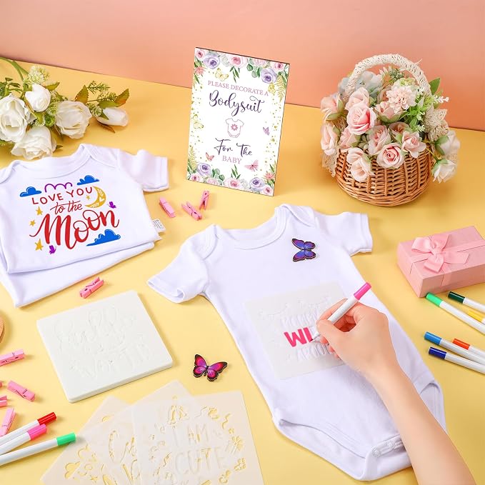 Panitay 126 Pcs Baby Shower DIY Bodysuit Set Bib 25 Blank White Newborn Bodysuit 25 Stencils 24 Marker 1 Sign 50 Pins(Butterfly)