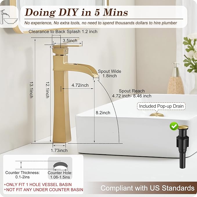 Brass Vessel Sink Faucets, Brushed Gold Tall Bathroom Faucet Single Handle, 1 Hole Bathroom Sink Faucet Waterfall Farmhouse Single Faucet Bathroom Sink with Pop-Up Drain & Pre-Installed Hoses