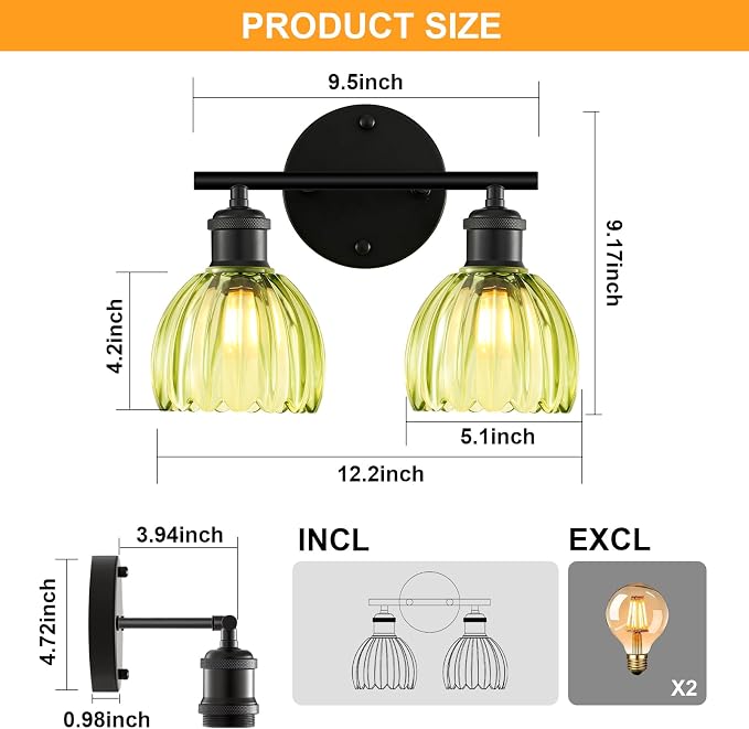 Bathroom Light Fixtures, 2-Light Black Vanity Lights for Bathroom with Green Tulip Glass Shade, 12" Vintage Bathroom Vanity Lighting Fixtures Over Mirror for Bedroom Living Room Hallway