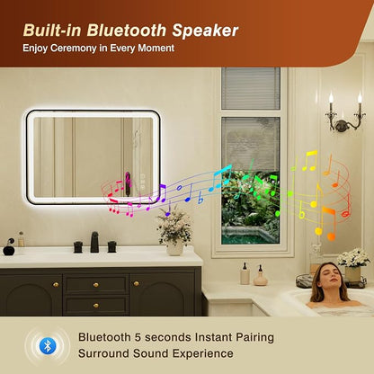 24x32 Inch Black Framed LED Bathroom Mirror with Lights, Built-in Bluetooth Speaker, Dimmable Lighted Bathroom Vanity Mirror with 3 Colors, Backlit + Frontlit, Memory, Anti-Fog