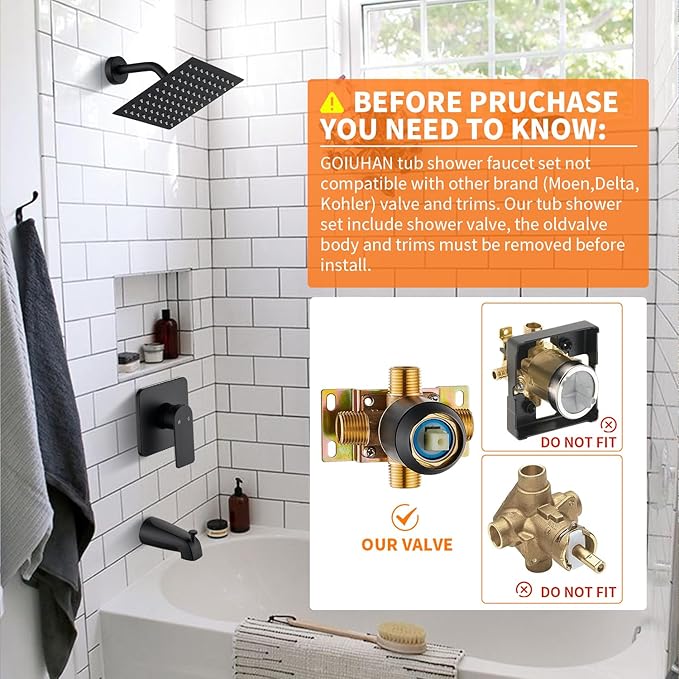 Black Tub Shower Faucet Set Complete with 8-Inch Rainfall Shower Head and Tub Spout Included Shower Valve Tub Shower Trim Kit Matte Black