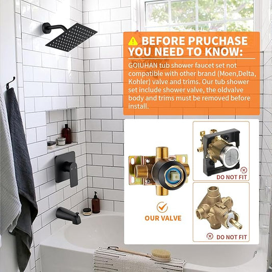 Black Tub Shower Faucet Set Complete with 8-Inch Rainfall Shower Head and Tub Spout Included Shower Valve Tub Shower Trim Kit Matte Black