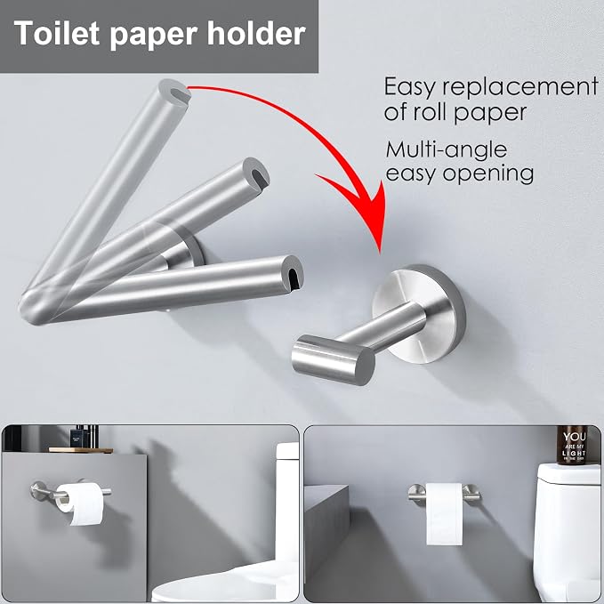 Brushed Nickel Flip Toilet Paper Holder and Hand Towel Ring Set 2 Pieces Bathroom Hardware Accessories Set SUS 304 Stainless Steel Heavy Duty Wall Mounted Bathroom Holder