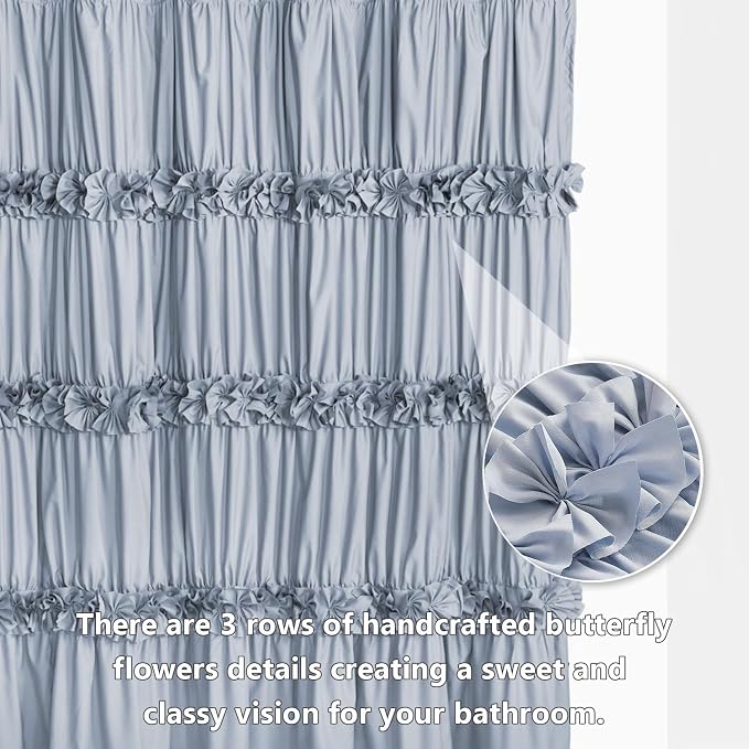 Homechoice Decor Fog Blue Ruffle Shower Curtain, Vintage Handcrafted Bow Tie Bath Curtain for Master Bathroom, Ruched Microfiber Bathroom Curtain with 12 Buttonholes, 72" W x 72" H (LQ-10)