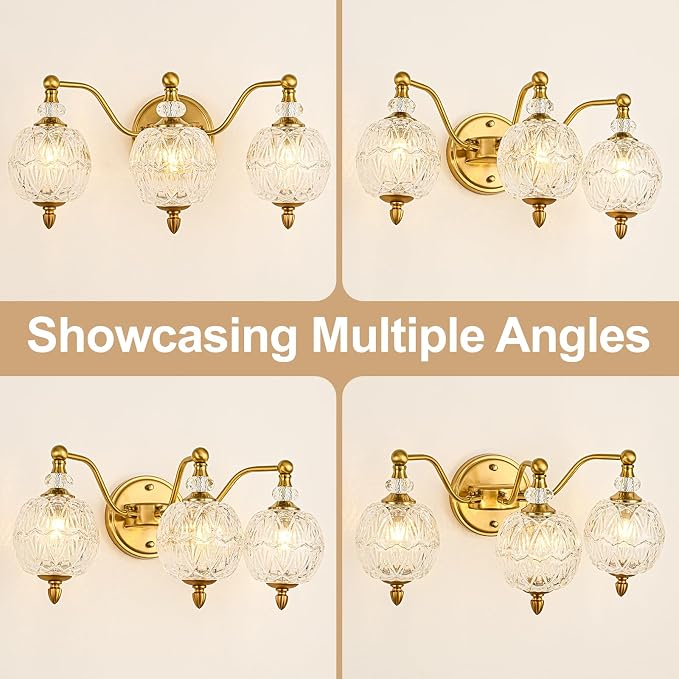 Vintage Bathroom Vanity Light, 3-Light Mid Century Brushed Gold Finish Wall Sconce with Globe Glass Shades, Retro Mirror Light for Bathroom, Powder Room