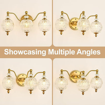 Vintage Bathroom Vanity Light, 3-Light Mid Century Brushed Gold Finish Wall Sconce with Globe Glass Shades, Retro Mirror Light for Bathroom, Powder Room