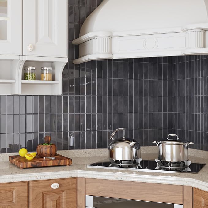 CRE8TIVE 16 Sheets Grey Straight Linear Peel and Stick Tile for Kitchen Bathroom Backsplash Peel and Stick Wall Tiles Waterproof 3D Rectangular Tile Stickers Removable Backsplash for Renters 12"x12"