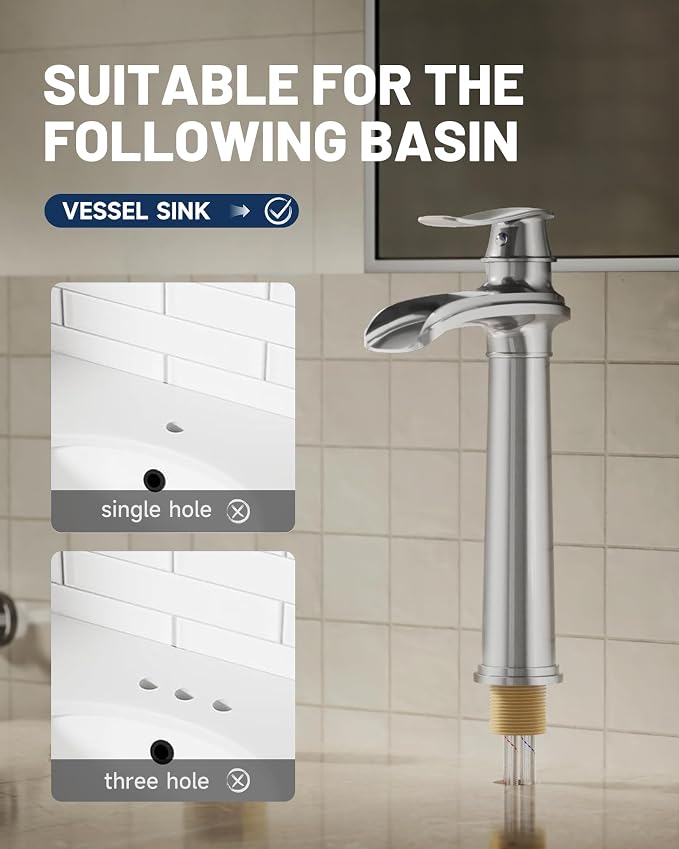 Brushed Nickel Vessel Sink Faucet Brass 12 Inch Waterfall Bathroom Faucet | with Pop Up Drain Assembly and Supply Hoses, Single Handle Tall Bathroom Faucets Lavatory Vanity Mixer Tap by BATHLAVISH