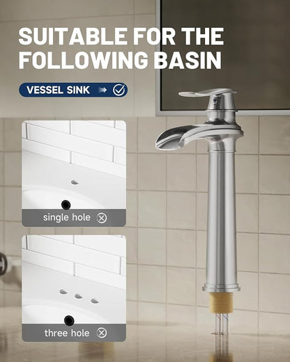 Brushed Nickel Vessel Sink Faucet Brass 12 Inch Waterfall Bathroom Faucet | with Pop Up Drain Assembly and Supply Hoses, Single Handle Tall Bathroom Faucets Lavatory Vanity Mixer Tap by BATHLAVISH