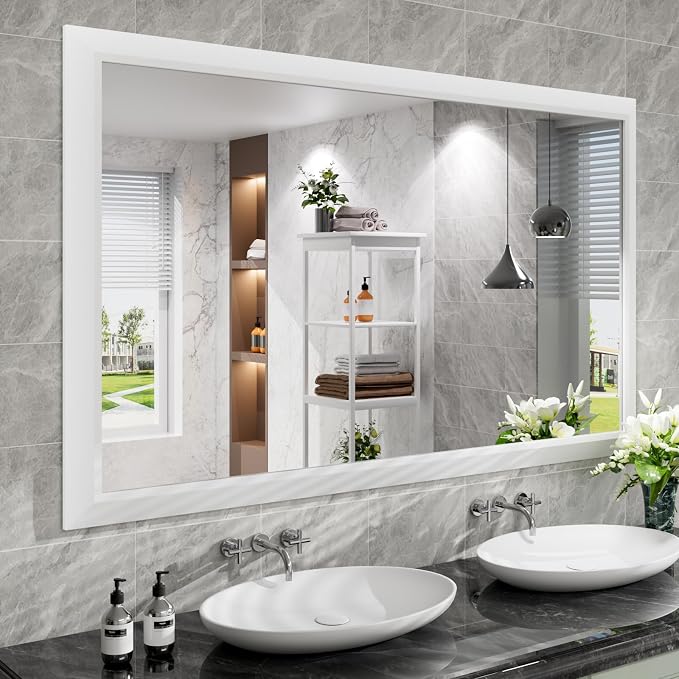 Bathroom Mirror for Wall, 60x36 Inch (White) | HD Reflection, Tempered Glass, Thick Metal Framed Rectangle Mirrors for Over Sink, Vanity, Bedroom, Living Room, Entryway