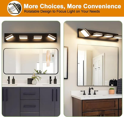 Torondo 360° Rotate LED Bathroom Vanity Light Fixtures, Acrylic Vanity Lights for Bathroom, Modern Wall Lighting Fixtures Over Mirror Living, Matte Black, Warm White, 4-Light, 27-Inch