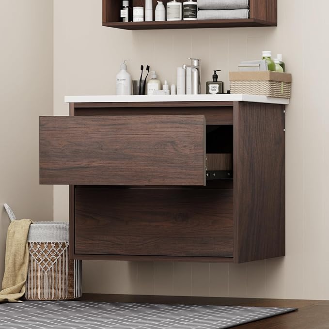 Floating Bathroom Vanity | 24-Inch Modern Walnut Color Lacquer Finish, with Sink, 2 Drawers, Space-Saving Design for Small Bathrooms, Easy Installation