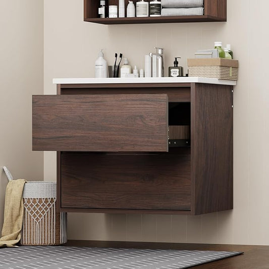 Floating Bathroom Vanity | 24-Inch Modern Walnut Color Lacquer Finish, with Sink, 2 Drawers, Space-Saving Design for Small Bathrooms, Easy Installation