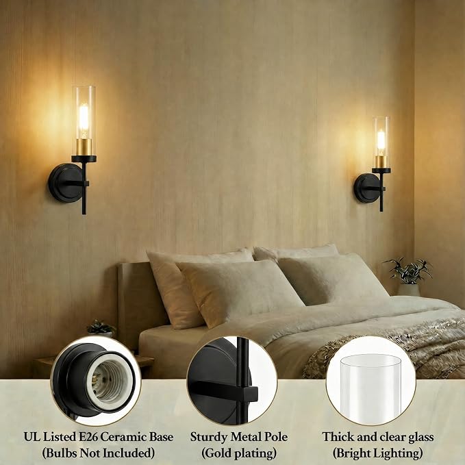 Hardwired Black and Gold Wall Sconce Set of Two Bathroom Sconces | Modern Brushed Gold Vanity Light for Bathroom Mirror Living Room Bedroom Hallway Stairs