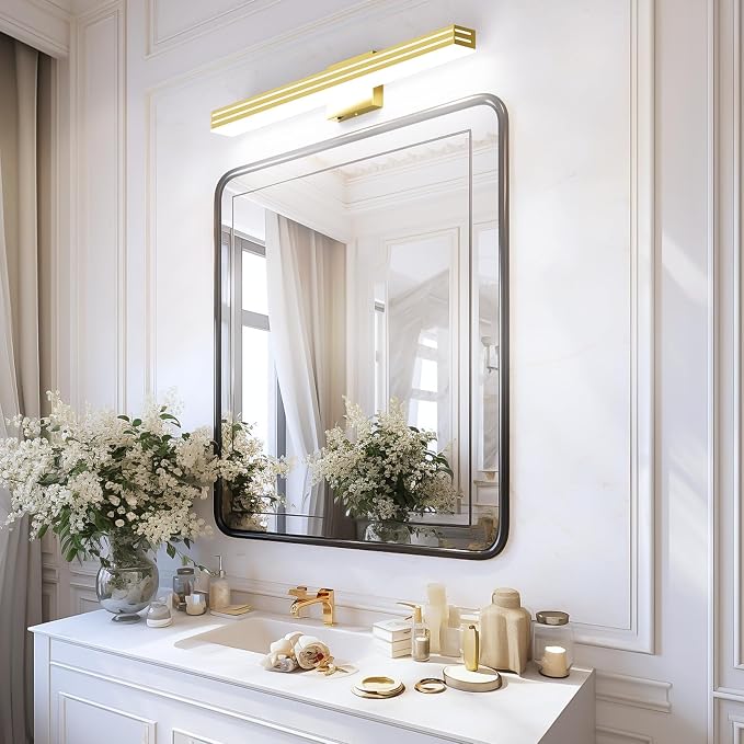 Ralbay 31.5inch Gold Vanity Light with 5 Color Temperature (2700K-6000K) Dimmable Acrylic Metal 30W LED Modern Matte Gold Bathroom Light Fixtures