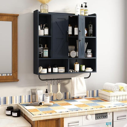 RUSTOWN Rustic Bathroom Wall Storage Cabinet with 2 Barn Doors, Navy Blue | Farmhouse Medicine Cabinet, Wall Mounted, Space Saving, 3-Tier Adjustable Shelves, Towel Bar, 5 Hooks