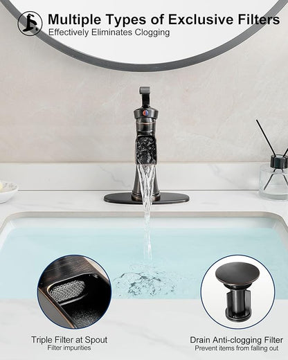 4 Inch Oil Rubbed Bronze Bathroom Faucet 1 Hole, Antique Brass Waterfall Faucet for Bathroom Sink, Single Handle Farmhouse Bathroom Faucets 3 Hole with Deck Plate, Supply Hoses & Pop-up Drain
