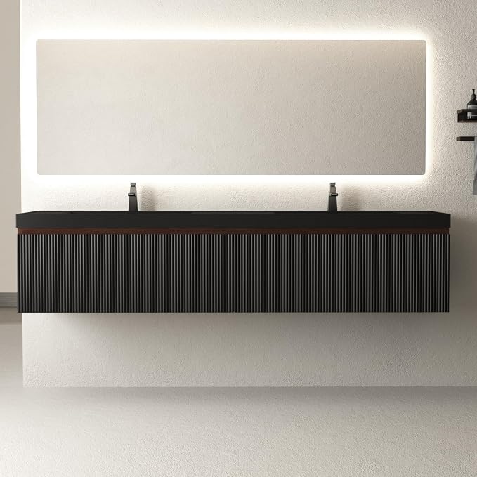 72 Inch Floating Bathroom Vanity with Double Sinks, Wall Mounted Striped Storage Cabinet, Soft Close Drawer, Black Quartz Sand Basin, Fully Assembled, Smoked Walnut Finish