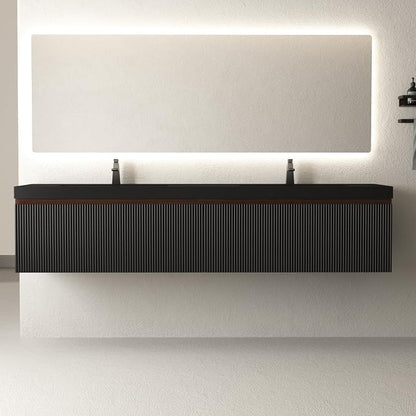 72 Inch Floating Bathroom Vanity with Double Sinks, Wall Mounted Striped Storage Cabinet, Soft Close Drawer, Black Quartz Sand Basin, Fully Assembled, Smoked Walnut Finish