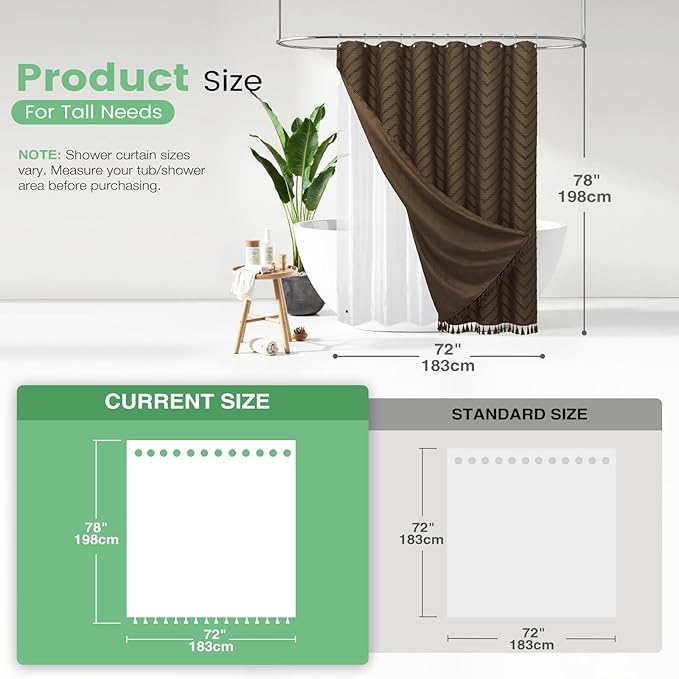 Dynamene Long Shower Curtain and Liner Set - 78 inch Tall Boho Shower Curtain and Waterproof Clear Liner, Tufted Chevron Striped Textured Tassel Shower Curtains for Bathroom, 12 Hooks, 72x78, Brown