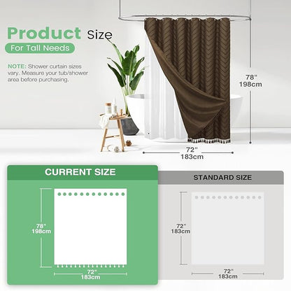 Dynamene Long Shower Curtain and Liner Set - 78 inch Tall Boho Shower Curtain and Waterproof Clear Liner, Tufted Chevron Striped Textured Tassel Shower Curtains for Bathroom, 12 Hooks, 72x78, Brown