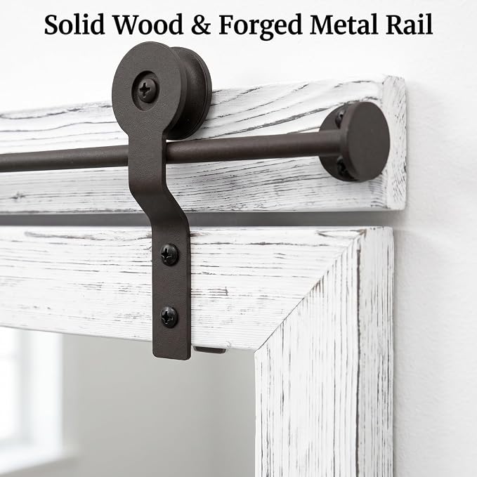 27"x49" Whitewashed Coastal Barn Door Wall Mirror with Wood Header | 100% solid wood, HD tempered glass, bronze-tone iron rail; large coastal farmhouse mirror for double vanity, mantel, entryway