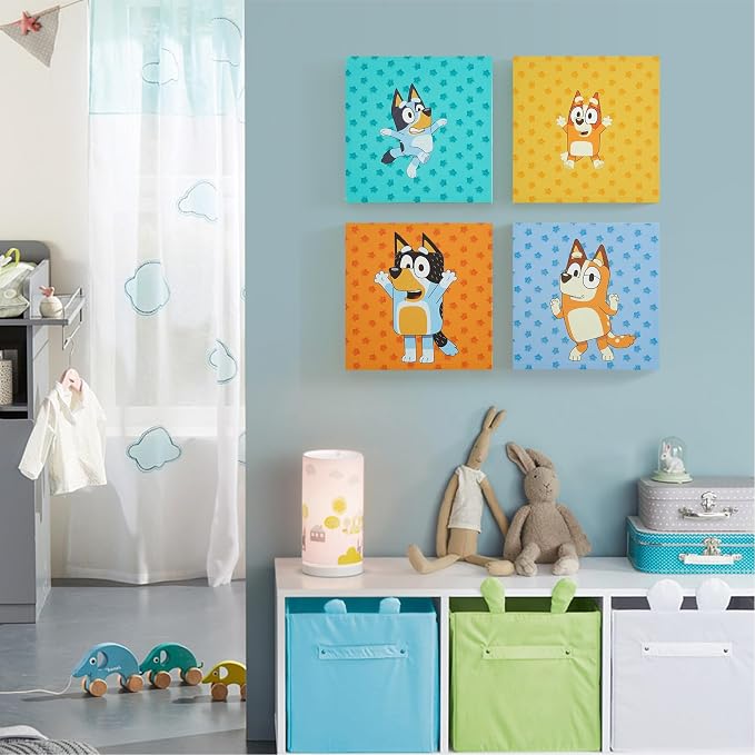 Bluey Canvas Wall Art – 4-Piece Set for Kids’ Room Décor, Each Print 12"x12", Colorful and Fun Artwork for Bedroom, Nursery, or Playroom