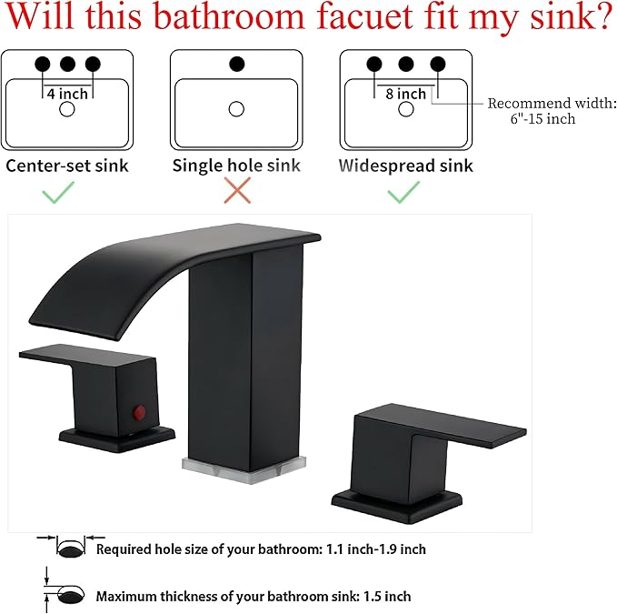 Bathroom Faucet 3 Hole, Matte Black Waterfall Bathroom Faucets, 8 Inch Widespread Modern Bathroom Sink Faucet & Parts, Wide Spread Touch On Three Hole 2 Handle Bathroom Vanity Faucet