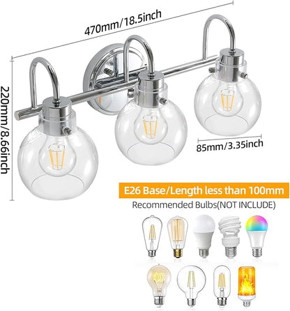 Bathroom Light Fixtures Polished Chrome 3 Light Vanity Light Wall Sconces Lighting with Clear Globe Glass Shades Bath Wall Mount Lamp for Mirror Kitchen Porch Living Room Bedroom Hallway(E26)
