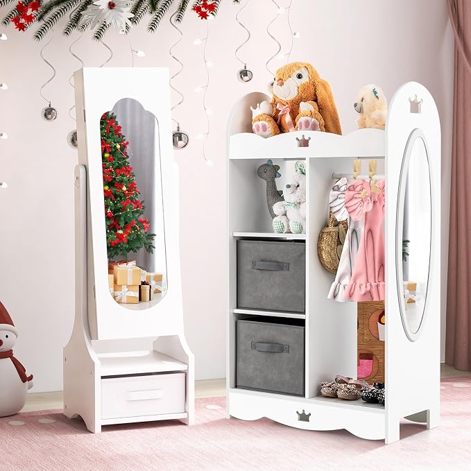 CHARMAID Kids Jewelry Armoire Cabinet - Standing jewelry Organizer for Girls, Full Length Mirror, Storage Drawers and Shelves, Kids Vanity Dressing Mirror with Storage (White)