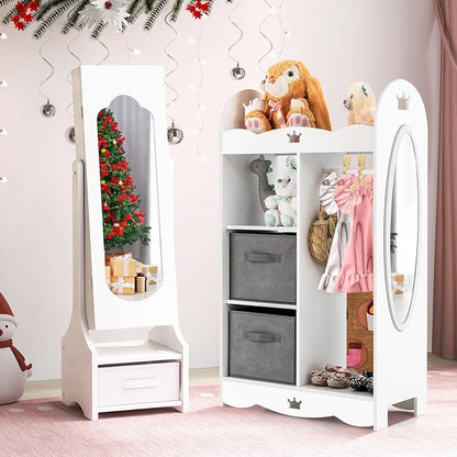 CHARMAID Kids Jewelry Armoire Cabinet - Standing jewelry Organizer for Girls, Full Length Mirror, Storage Drawers and Shelves, Kids Vanity Dressing Mirror with Storage (White)