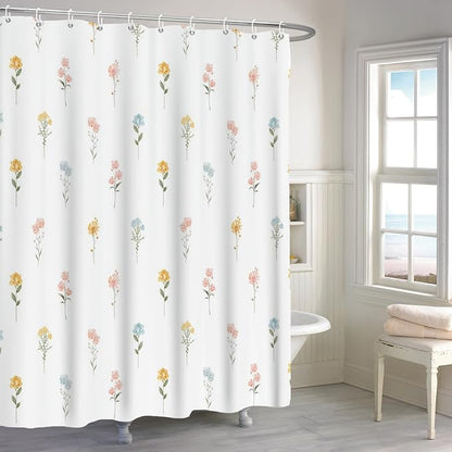 Floral Shower Curtain, Wildflower Botanical Plant Leaves Cute Flower Spring Herbs Elegant Waterproof Fabric Machine Washable for Bathroom Bathtub with Hooks 60Wx72H