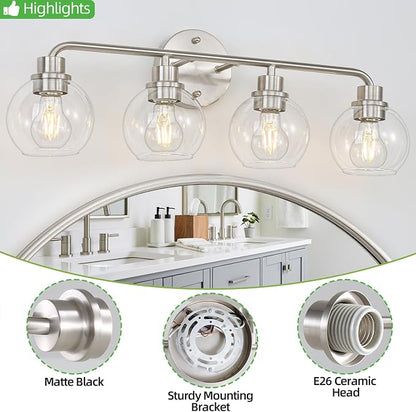Bathroom Light Fixtures Brushed Nickel Vanity Light Silver 4 Light | Modern Wall Sconces Lighting Bathroom Lights with Glass Shade Bath Wall Lights for Mirror Kitchen Living Room Hallway 27"