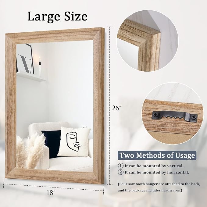 AAZZKANG Rustic Mirrors for Wall Rectangle Wooden Frame Hanging Mirror for Bedroom Bathroom Living Room Entryway Large 26"x18"