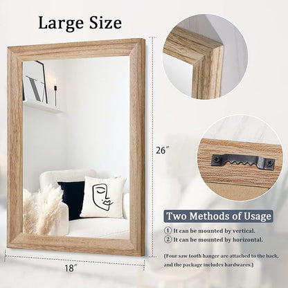 AAZZKANG Rustic Mirrors for Wall Rectangle Wooden Frame Hanging Mirror for Bedroom Bathroom Living Room Entryway Large 26"x18"