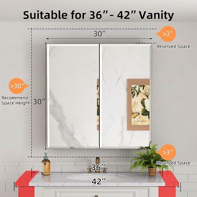 30x30 Inch Medicine Cabinet with Mirror, Aluminum Bathroom Mirror Cabinet, Beveled Edge Mirrored Double Door, Adjustable Shelves, Surface or Recessed Mount Mirrors with Storage,Black