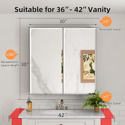 30x30 Inch Medicine Cabinet with Mirror, Aluminum Bathroom Mirror Cabinet, Beveled Edge Mirrored Double Door, Adjustable Shelves, Surface or Recessed Mount Mirrors with Storage,Black