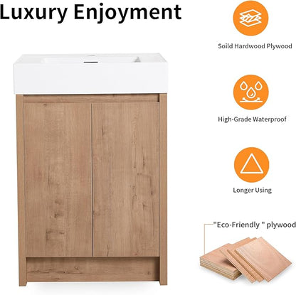 24'' Freestanding Bathroom Vanity, 24 Inch Floor Stand Bathroom Vanity with Sink, Single Resin Sink Cabinet Set, Modern Storage Cabinet, with Soft Closing Door, 03624IMO+24120MMO