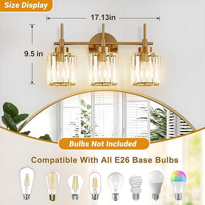 Bathroom Lighting Fixtures, 3 Light Gold Bathroom Light Fixtures with Clear Shades Modern Crystal Vanity Light Bath Room Vanity Lighting Over Mirror Wall Light