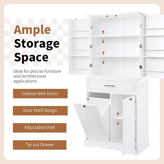 72.6" Storage Cabinet with Drawer and Door Shelf, Tilt-Out Laundry Hamper, Tall Freestanding Pantry Organizer Rack for Kitchen, Living Room or Bathroom, White