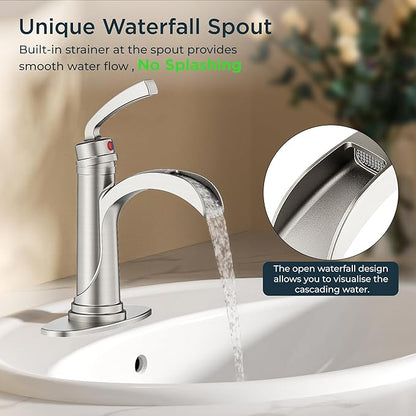 FORIOUS Brushed Nickle Bathroom Faucet Single Handle One Hole Antique Waterfall Bathroom Faucet with Metal Pop Up Drain and Deck Plate for Lavatory Vanity Farmhouse RV