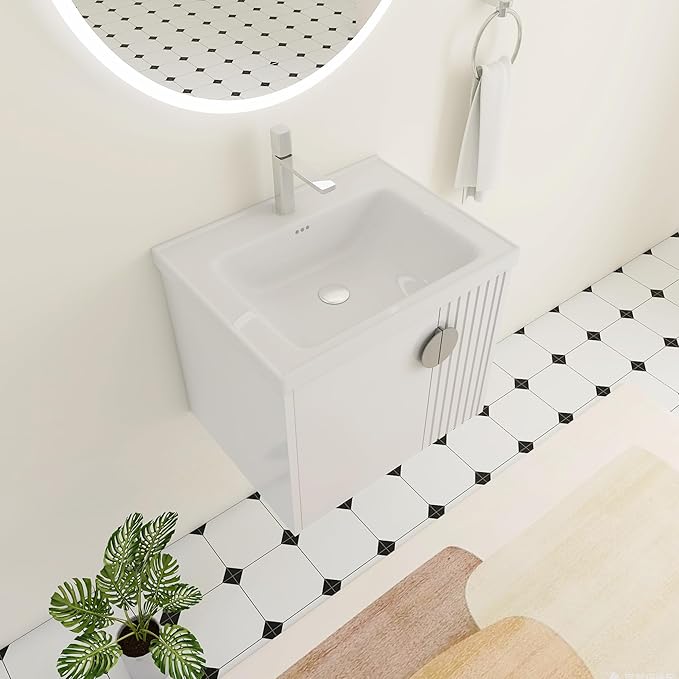 24 Inch Bathroom Vanity with Sink, 24" Floating Vanity with White Glossy Ceramic Sink, Plywood Wooden Bathroom Cabinet with Soft-Close Doors, Modern Wall Mounted Cabinet Set (White)