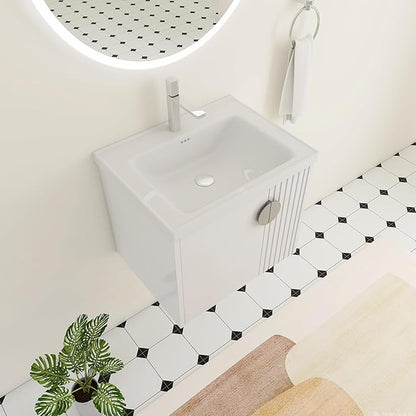 24 Inch Bathroom Vanity with Sink, 24" Floating Vanity with White Glossy Ceramic Sink, Plywood Wooden Bathroom Cabinet with Soft-Close Doors, Modern Wall Mounted Cabinet Set (White)