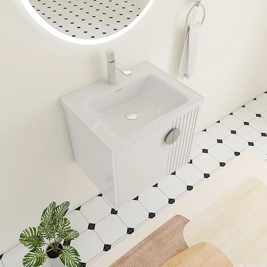 24 Inch Bathroom Vanity with Sink, 24" Floating Vanity with White Glossy Ceramic Sink, Plywood Wooden Bathroom Cabinet with Soft-Close Doors, Modern Wall Mounted Cabinet Set (White)